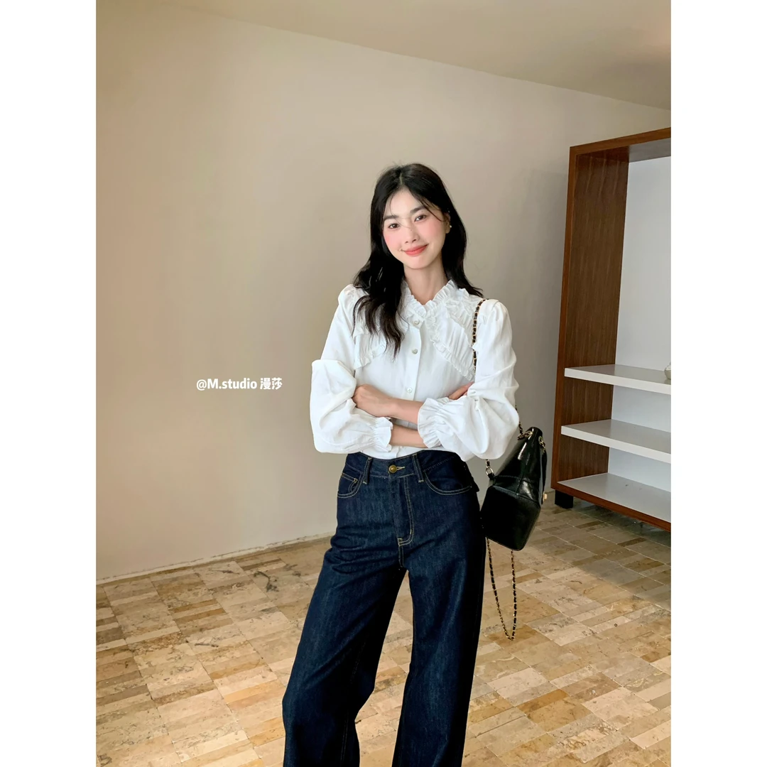 MSTUDIO漫莎-日杂少女～韩味气质木耳边设计排扣衬衫小衫T7690