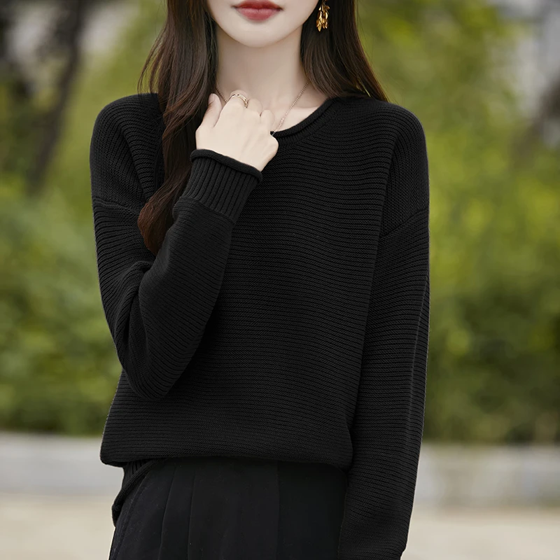 时尚百搭女士纯棉七针卷边圆领针织衫简约显瘦黑色长袖毛衣上衣