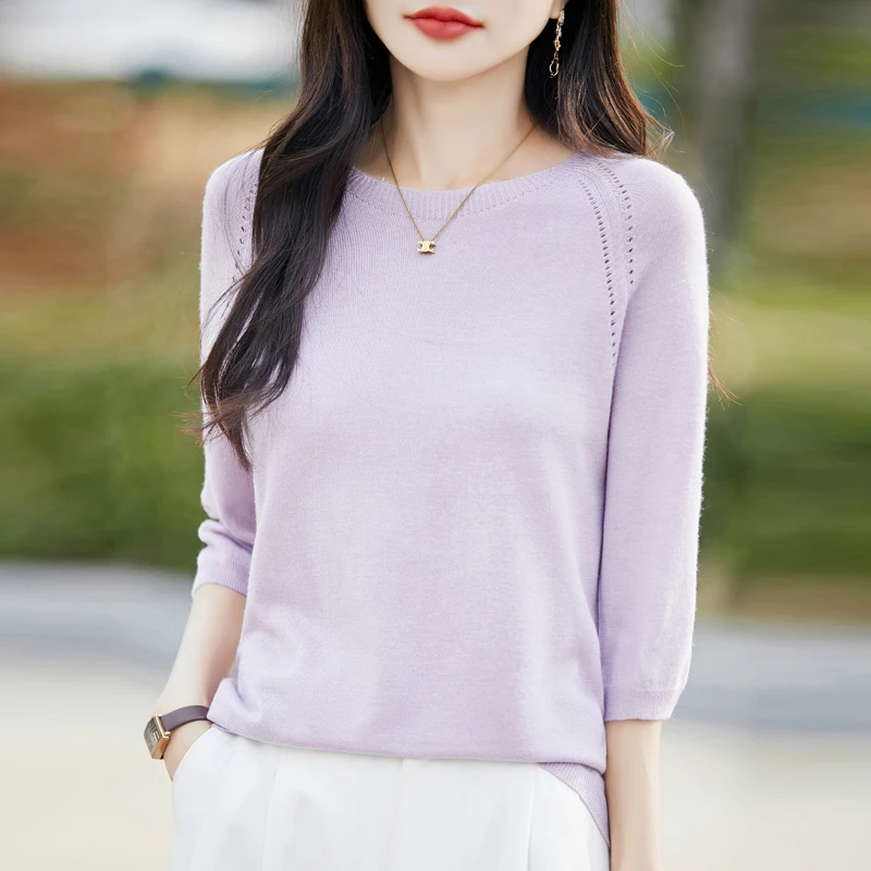 【一线成衣】早春新款蚕丝羊毛打底衫高级感薄款圆领七分袖针织上衣