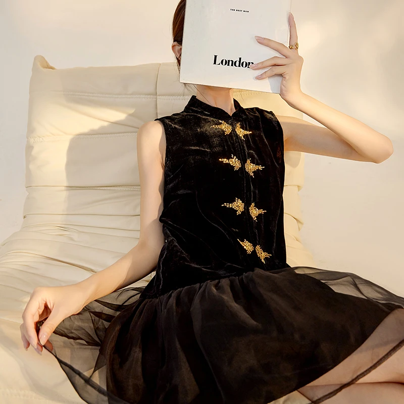 新中式国风钉珠无袖设计桑蚕丝拼接优雅气质显瘦立领连衣裙 M5082