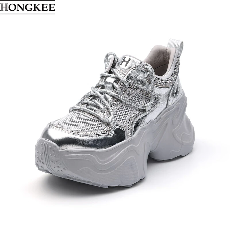 HONGKEE/红科25夏季网面厚底老爹水钻装饰简约时尚休闲鞋HC55X201