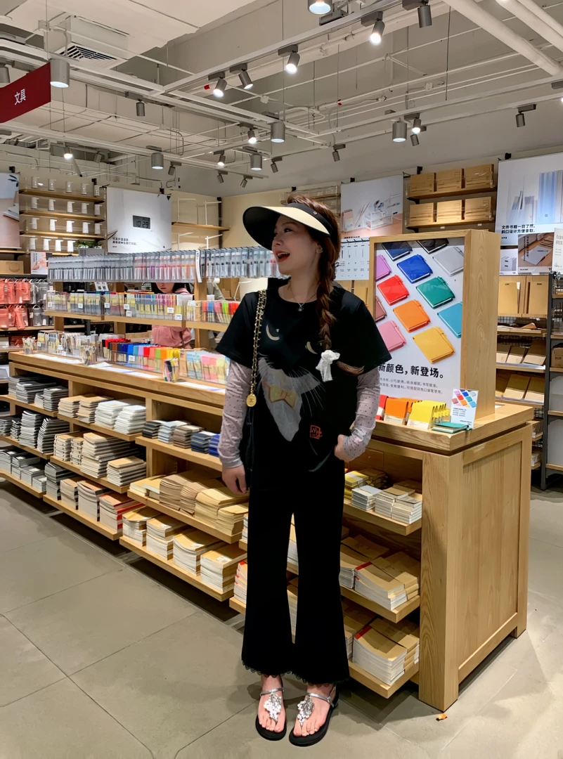 NANJIE/楠姐【小猫T】2025夏季薄款拼接波点袖小猫图案T恤XNS6315