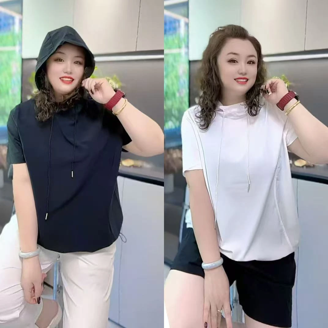 5187（丹姐家）速干卫衣连帽套头半袖T恤韩版宽松大码设计感上衣