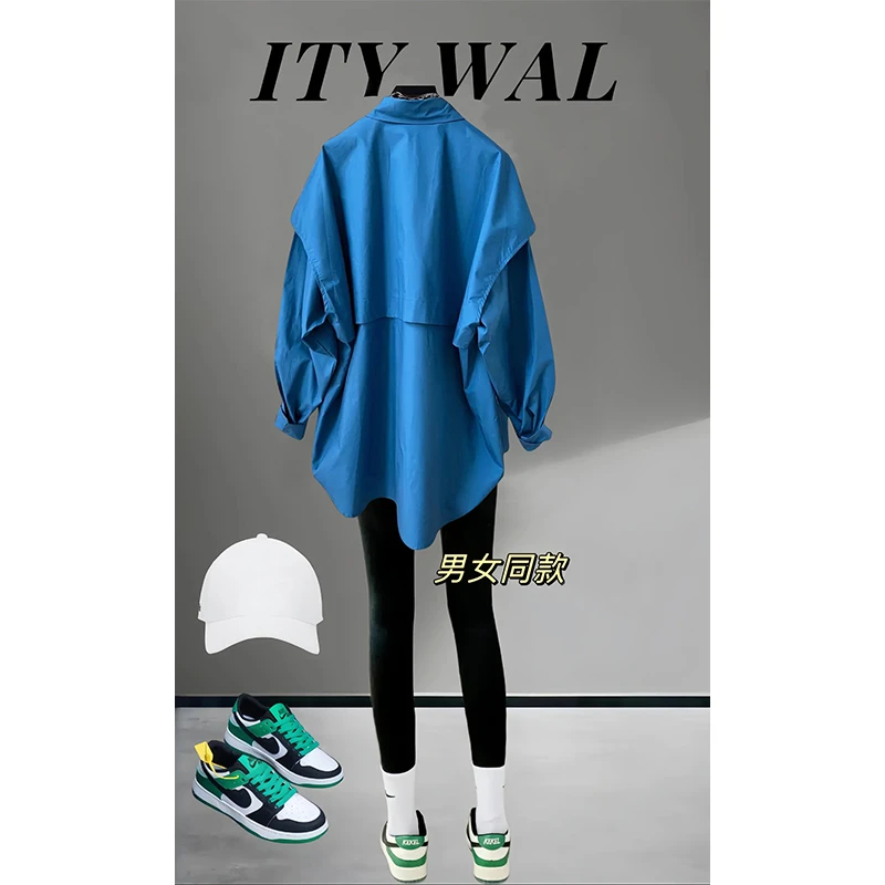 韩系早秋穿搭克莱因蓝衬衫女装2024新款设计感小众别致假两件上衣