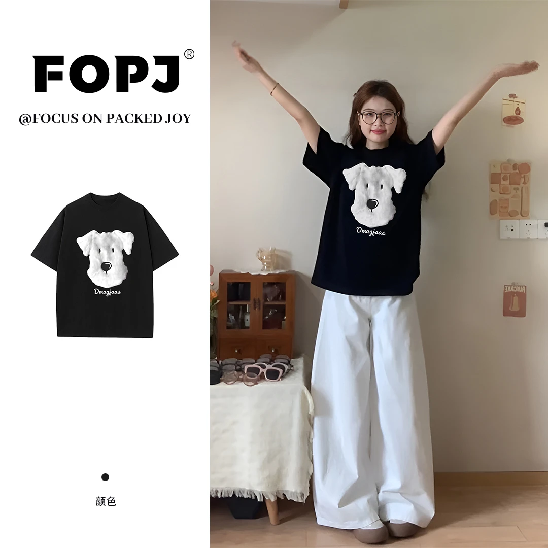 FOPJ夏季新款可爱卡通印花纯棉短袖t恤女设计感百搭显瘦圆领上衣