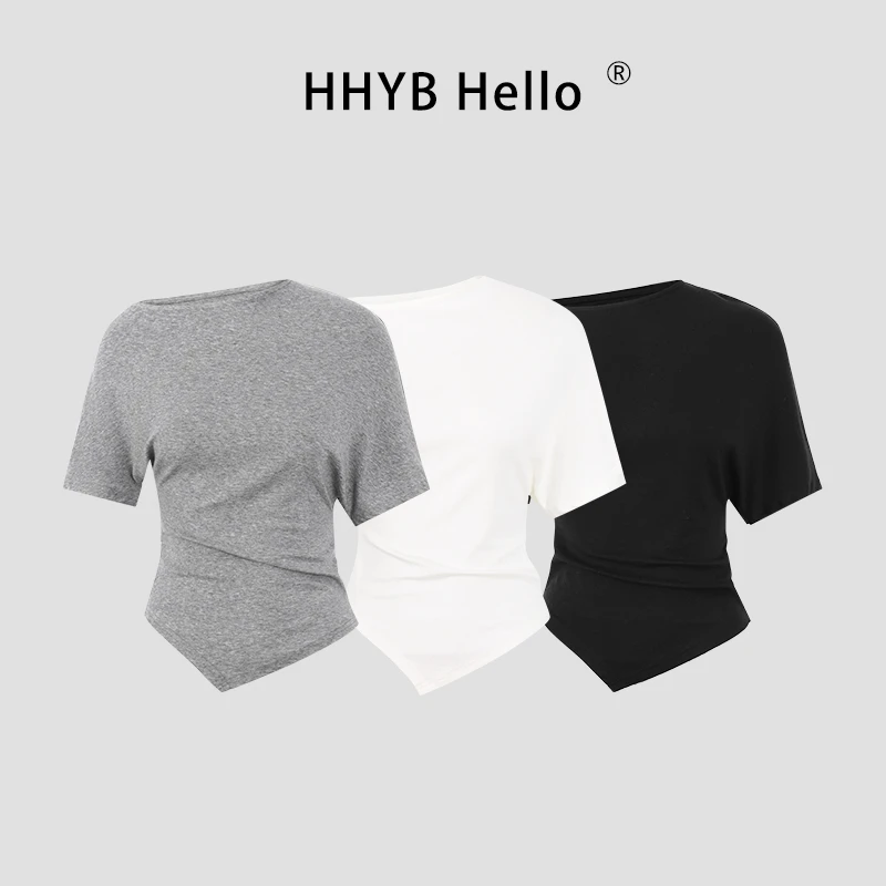 HHYB Hello一字肩修身短袖T恤女2025夏季新款设计感上衣女250274