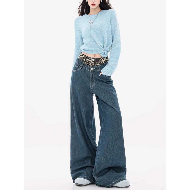 ABWEAR 野蛮生长-原创豹纹拼接牛仔裤女2024新款宽松双腰头直筒裤
