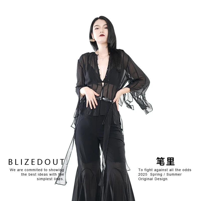 笔里【BLIZEDOUT】独立设计师5070505黑色长条拼接长短下摆上衣衬衫
