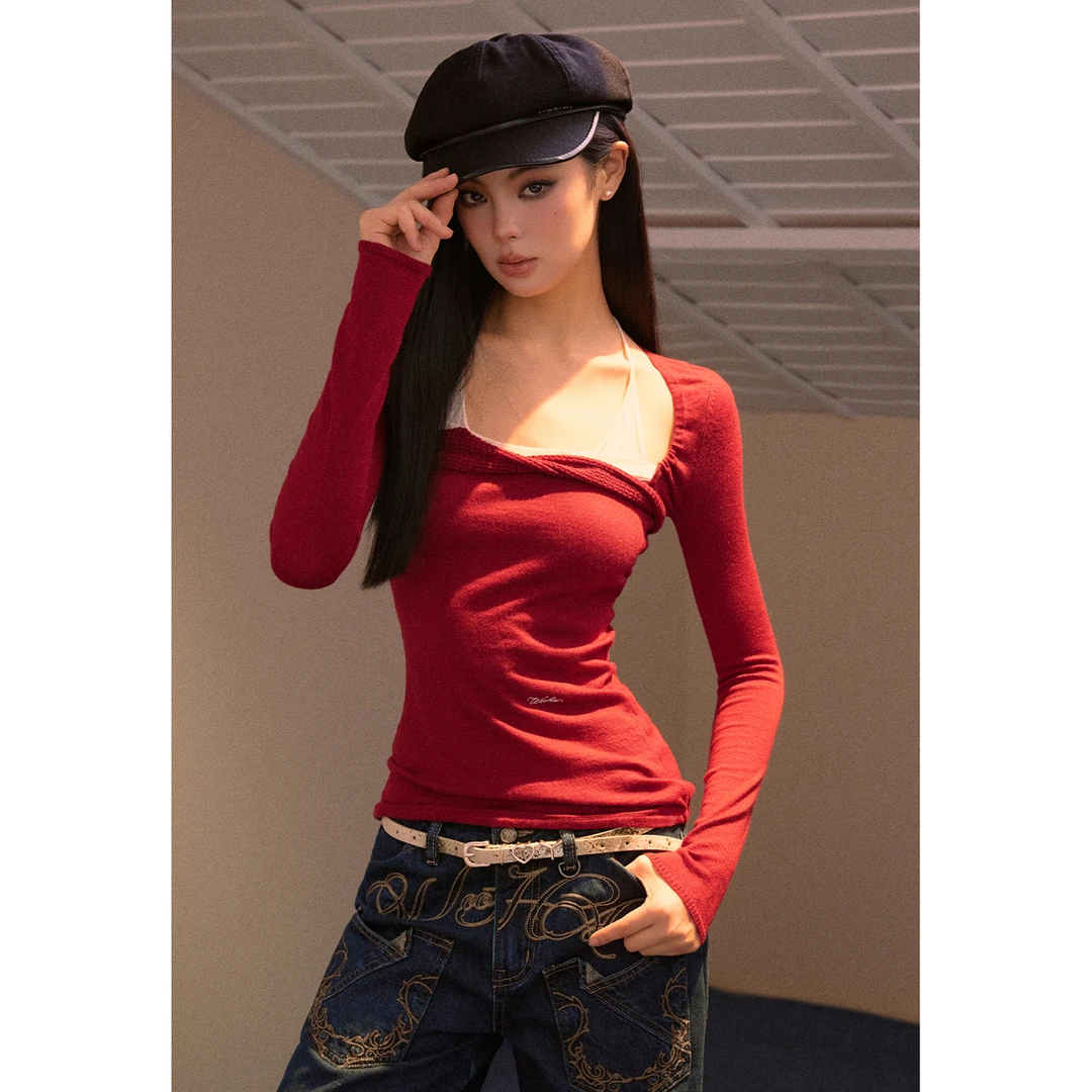 wooha 吾哈2025冬季新款撞色针织衫修身挂脖打底衫