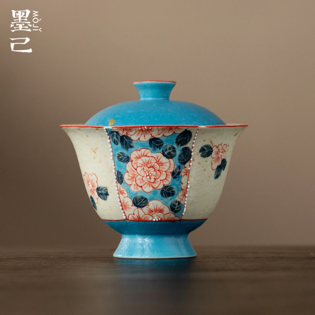 墨己火石红雾凇蓝手绘丹蕊花窗家用陶瓷盖碗功夫茶具花口泡茶碗