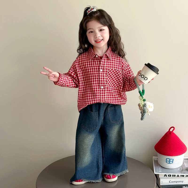 女童2025新款儿童秋季时尚洋气中小童休闲格子衬衫印花T恤套装