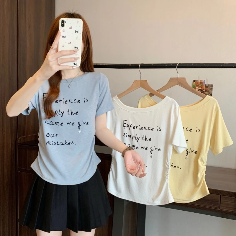 大码女装2025夏季新款收腰褶皱印花字母短袖T恤上衣1863