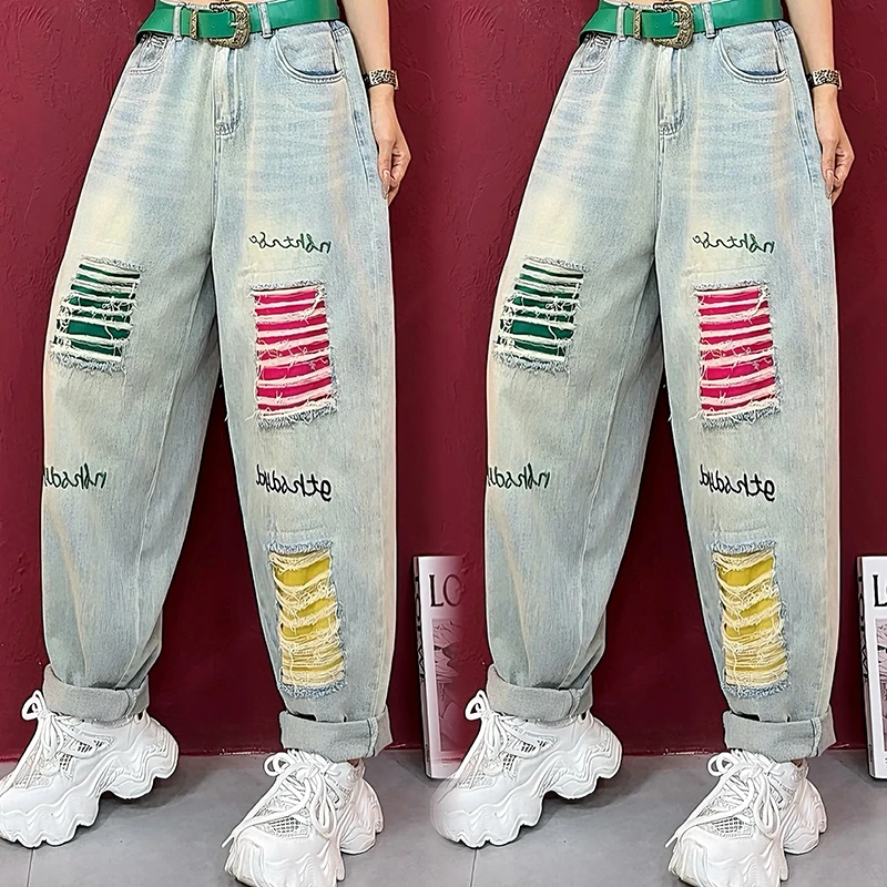 2025夏季新款割破刺绣牛仔裤时尚宽松百搭复古阔腿牛仔长裤-1182