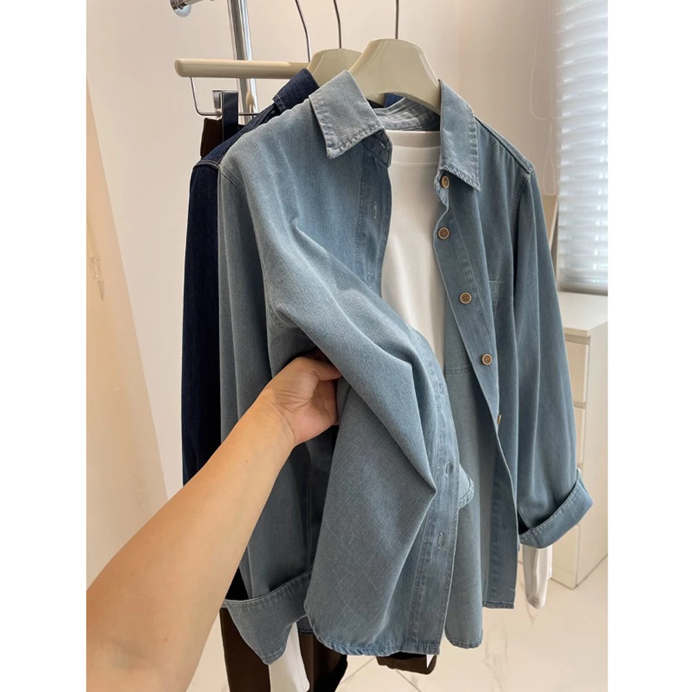 时尚港味蓝色正肩牛仔衬衫女百搭叠穿内搭长袖衬衣深浅两色外套