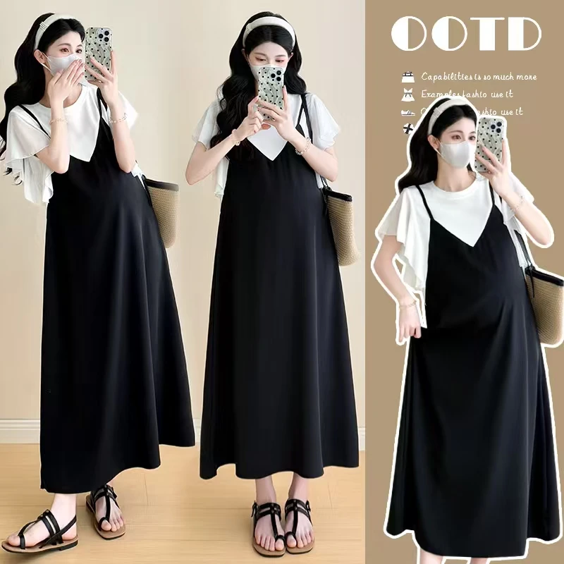 孕妇连衣裙夏季2025新款时尚洋气假两件宽松显瘦遮肚T恤连衣裙潮