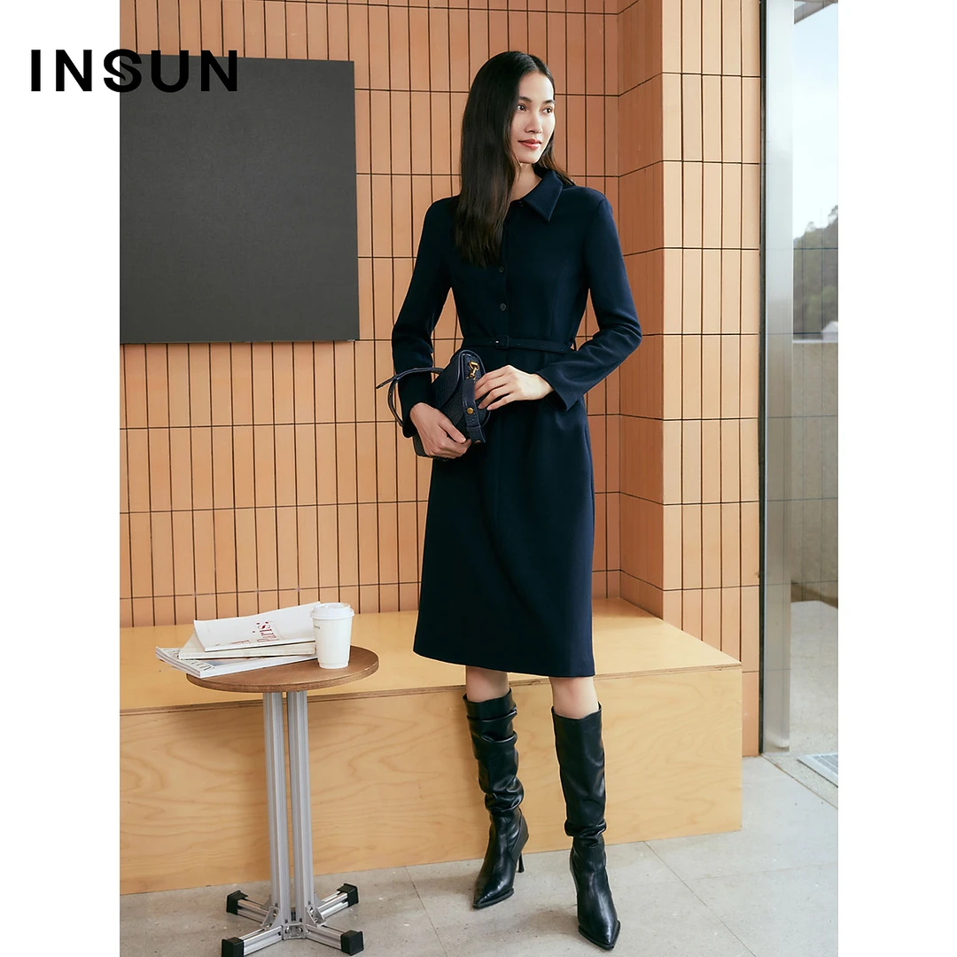 INSUN恩裳冬季经典绵羊毛混纺收腰衬衫式连衣裙