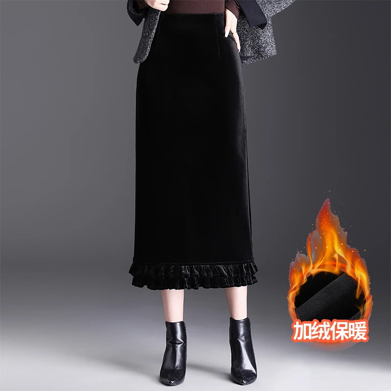 加绒木耳花边金丝绒半身裙女2025冬季新款长裙高腰包臀直筒一步裙