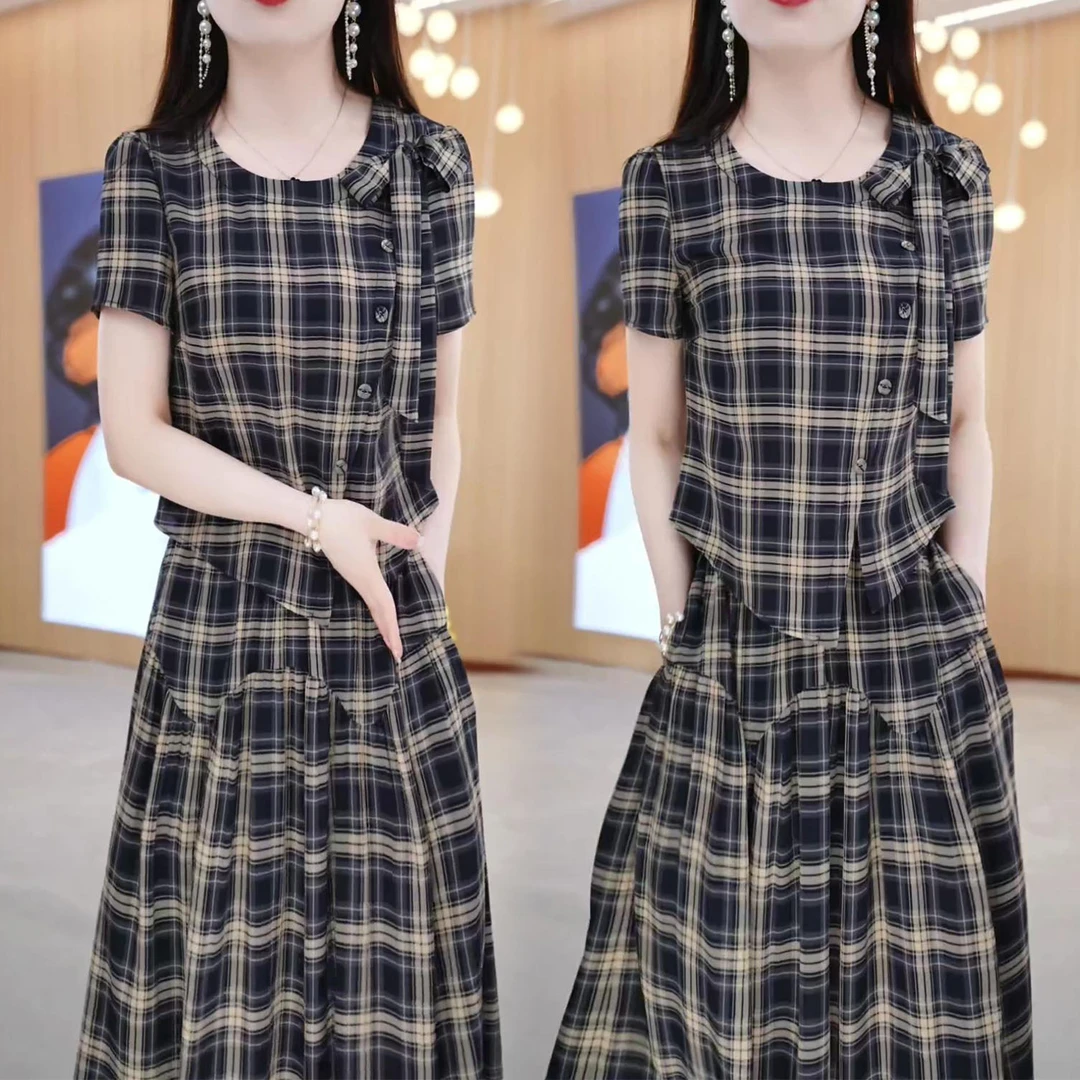 时尚休闲套装裙女2025夏季新款洋气显瘦圆领格纹上衣半身裙两件套