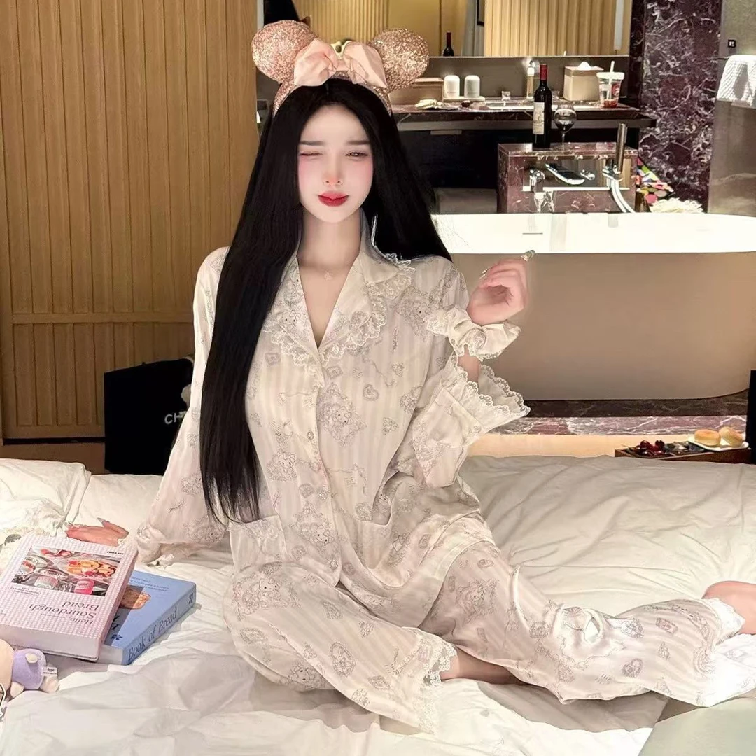 【软软Kitty】冰丝睡衣女春秋季翻领蕾丝花边冰雪丝家居服套装