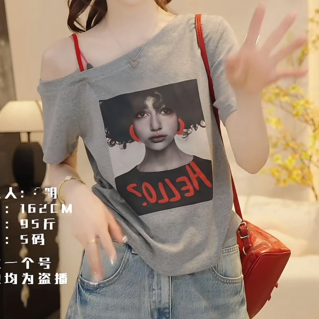 韩系简约斜肩字母人像印花短袖T恤女2025夏季新款露肩显瘦上衣潮