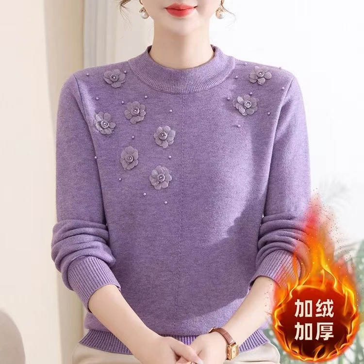 妈妈秋冬装洋气新款加厚针织打底衫加绒保暖毛衣中老年女冬季内搭