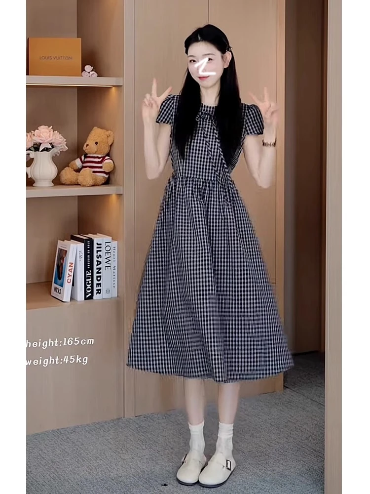 oajer鸥欧纪儿旗舰女装店同款时髦减龄黑白格子短袖连衣裙女夏季