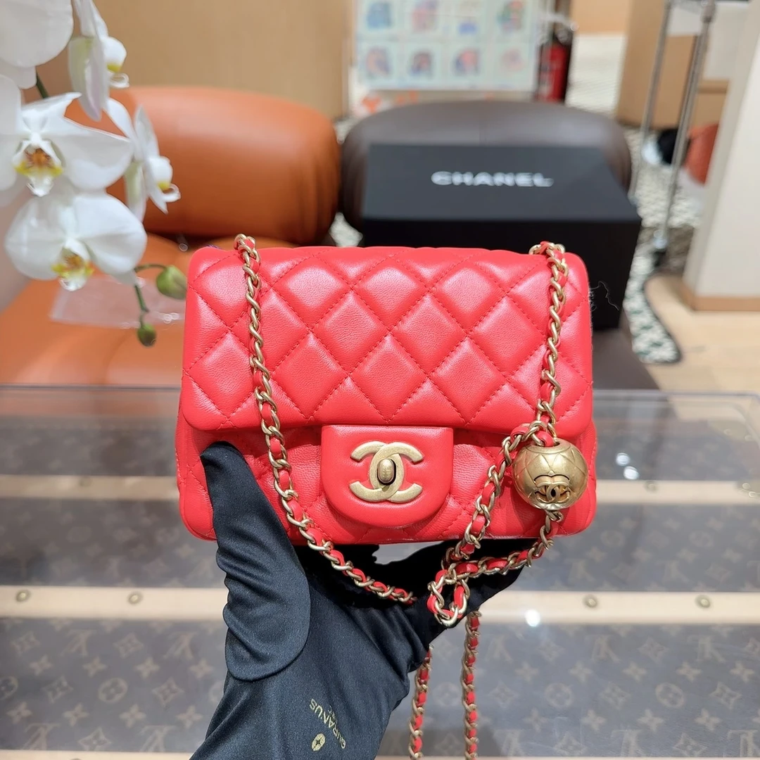 全新未使用 Chanel/香奈儿 CF金球方胖子 珊瑚红金扣 链条包