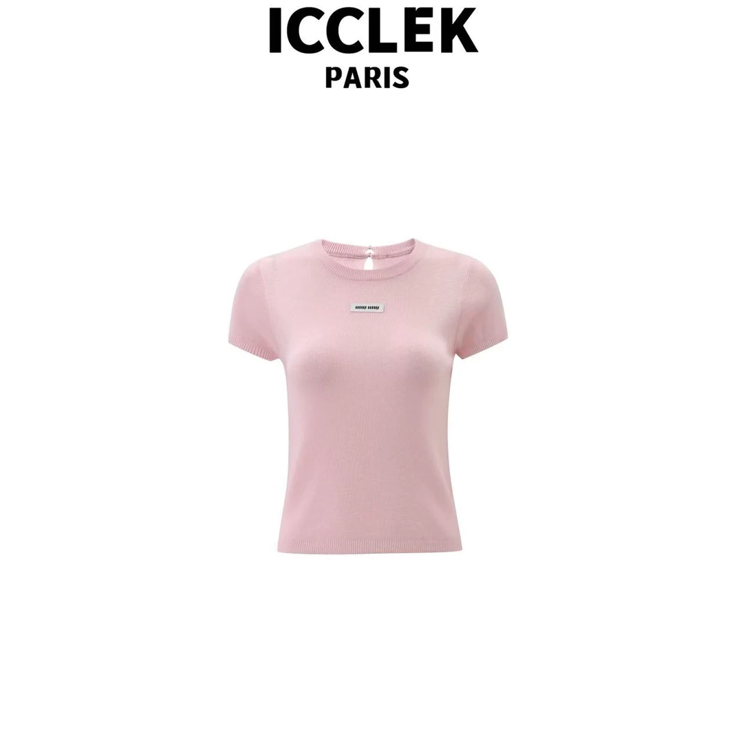 纯色夏季粉色修身百搭针织衫宽松显瘦气质名媛短袖上衣甜美 -5321