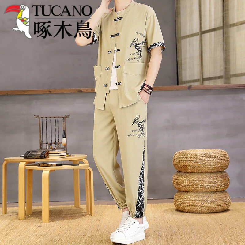 啄木鸟休闲夏季男士中国套装唐装宽松短袖T恤中式民族开衫两件套