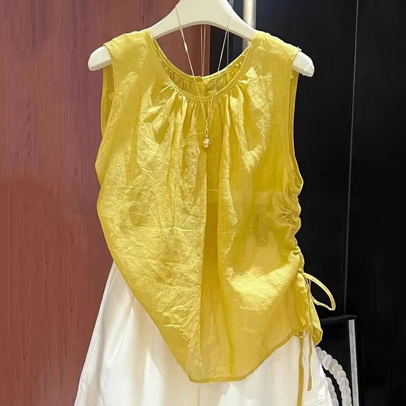 品质质量好高端爆款2025年夏季新款法式纯色圆领苎麻背心无袖上衣