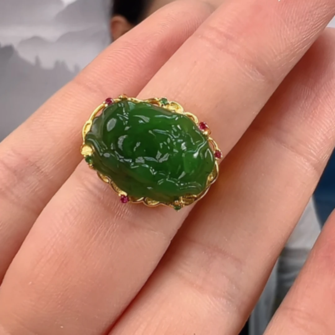 银镶天然碧玉牡丹花戒指和田玉正阳绿玉石雕刻手饰