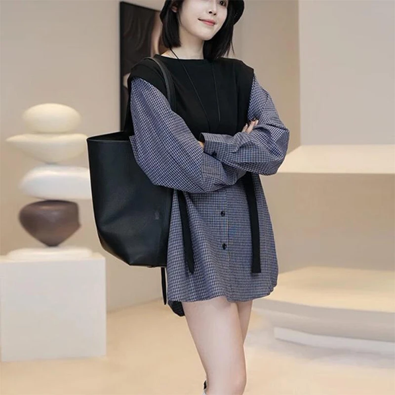 2025时尚早春新款韩国高级感假两件格子衬衫裙宽松气质显瘦洋气
