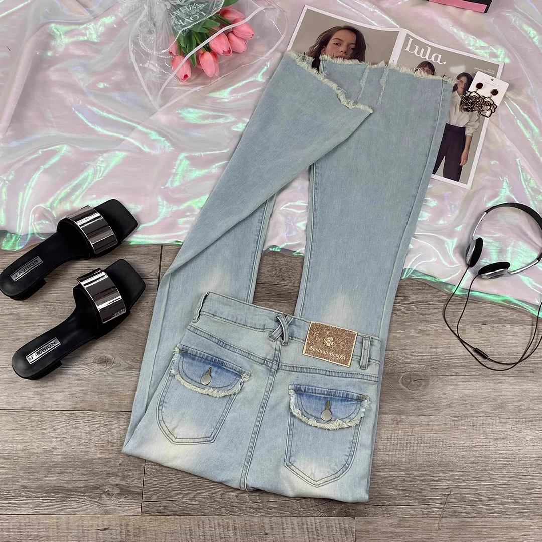 浅蓝色毛边微喇牛仔裤女秋季薄款2025年弹力高腰显瘦修身喇叭裤女