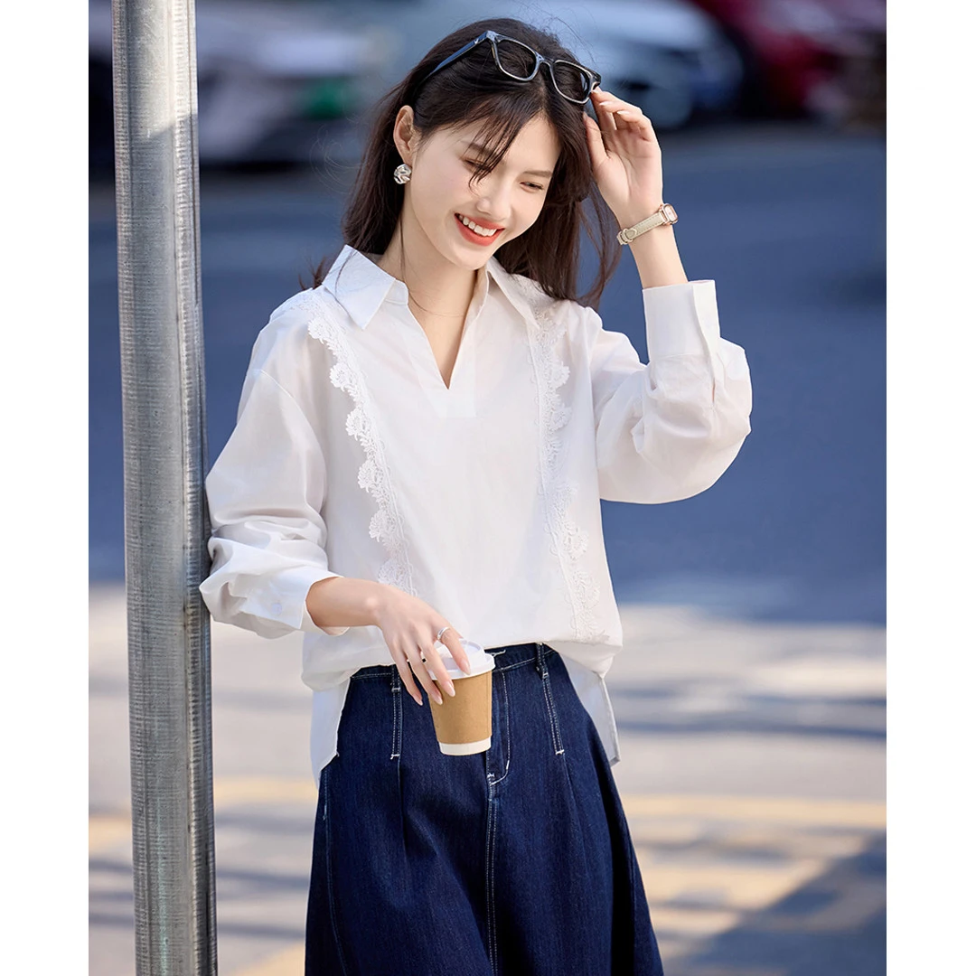 【法式浪漫唯美白衬衫上衣】25年春新甜美蕾丝花边翻领女式衬衫