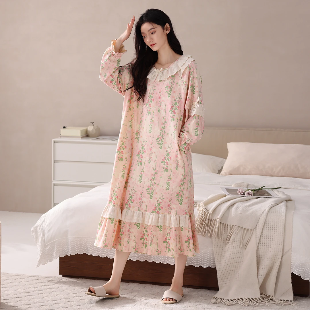 约蒂宾弗睡裙女春秋季纯棉长袖长裙可爱碎花公主风孕妇睡衣可外穿