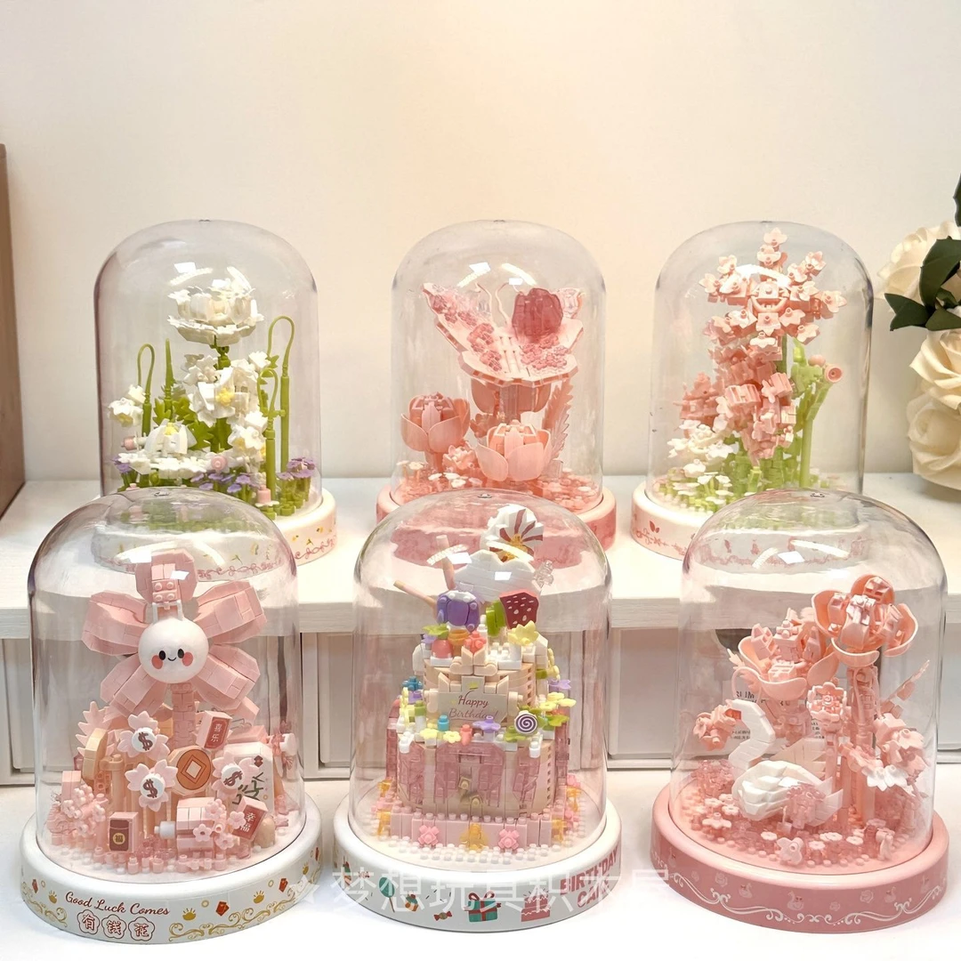 积木玫瑰花永生花盆栽益智拼装手工玩具生日礼物送女生高颜值摆件