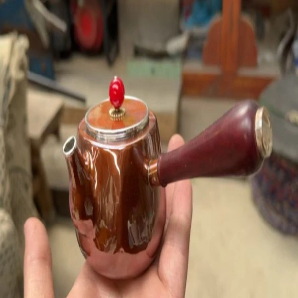 四方铜包银侧把壶 茶壶