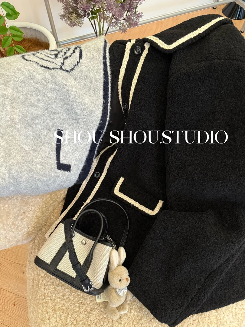 【瘦瘦】富家千金-大码翻领小香摇粒绒撞色编织氛围感外套S02270