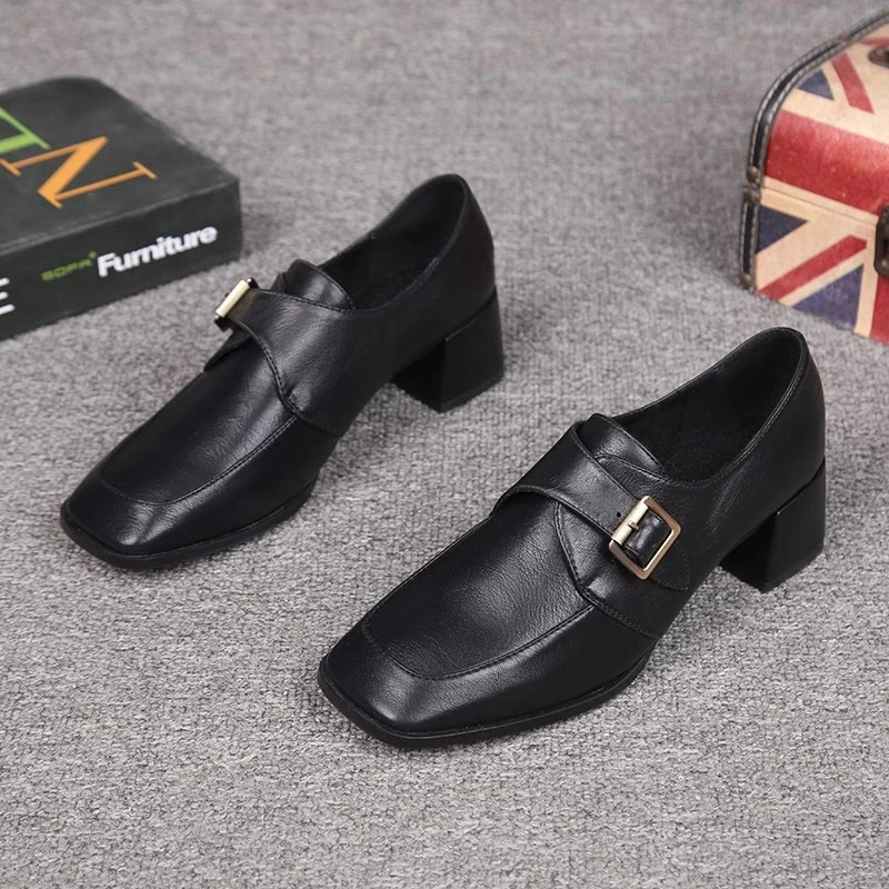 真皮断码清仓单鞋女粗跟2025春季新款皮鞋时尚方头高跟鞋软底女鞋