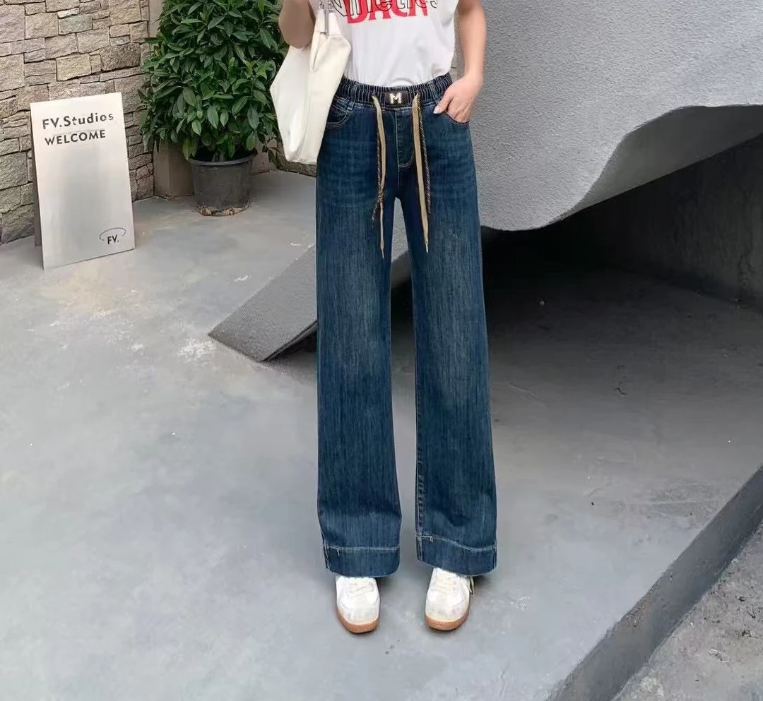 1671春秋款松紧阔腿牛仔裤女显瘦百搭直筒裤