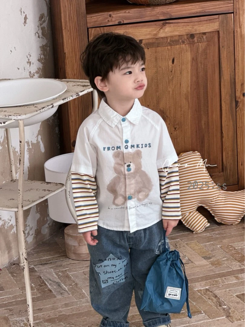 男童拼接小狗印花假两件衬衫宝宝秋季潮流童装