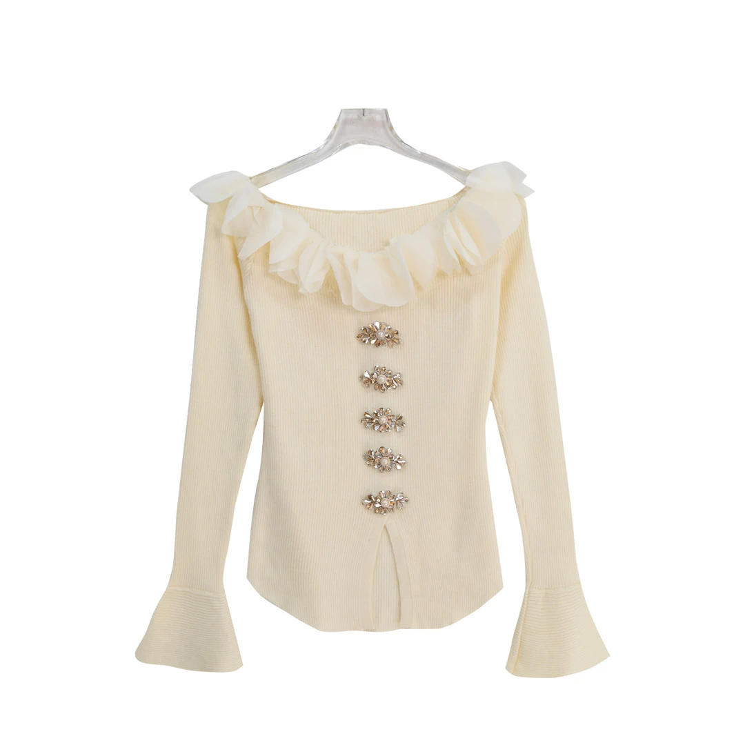 纯欲风荷叶边立体装饰烫钻修身显瘦长袖T恤X27305