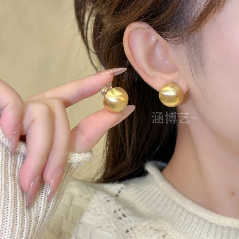 铜合金耳饰 复古磨砂拉丝半圆球蚊香盘耳夹无耳洞女轻奢高级感