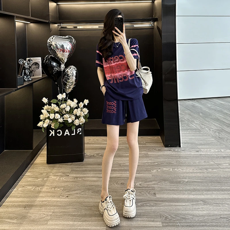 复古风运动阔腿短裤炸街夏季新款印花时尚减龄休闲套装显瘦两件套