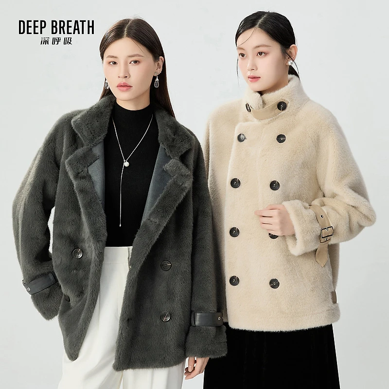 DEEP BREATH深呼吸新款时尚简约立领双排扣纯色毛绒外套A401225