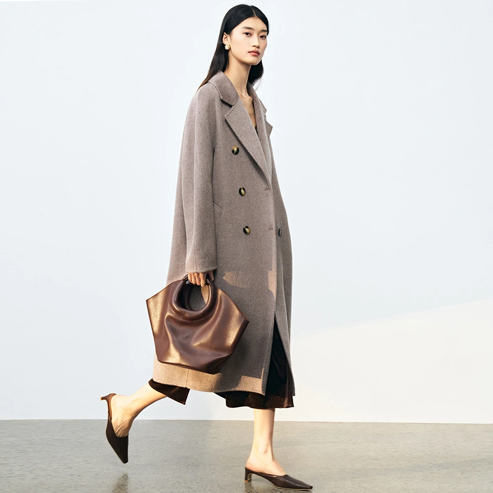 25秋冬新款宽松长毛大衣外套女中长款连肩袖翻领双面呢外套韩版