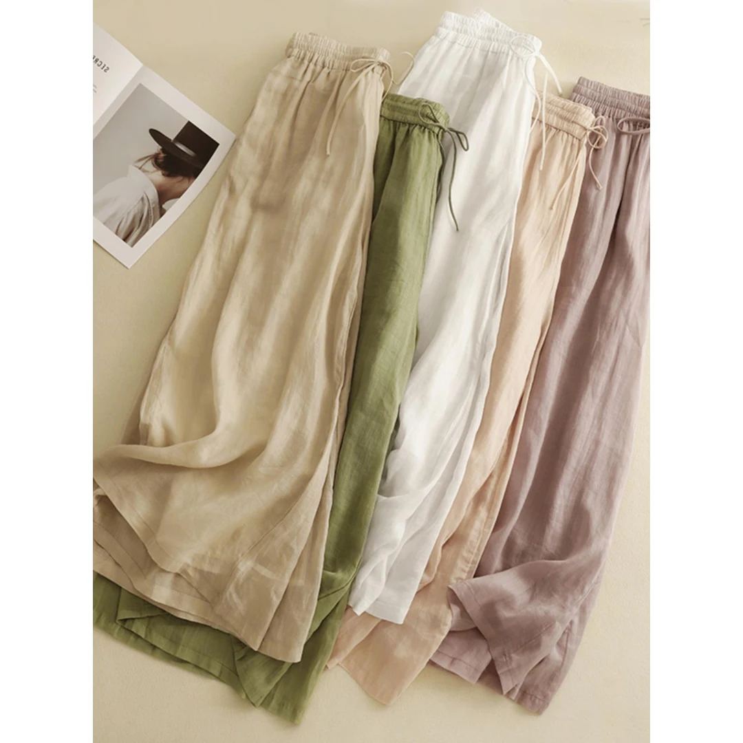 夏季女士双层苎麻阔腿裤细绳弹力高腰褶皱修身直筒式棉麻气球裤