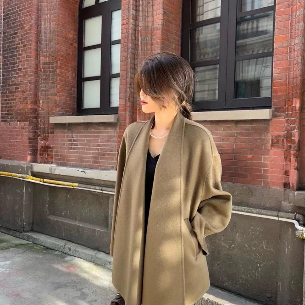 韩国东大门双面羊毛大衣秋冬赫本风设计感不规则外套7124