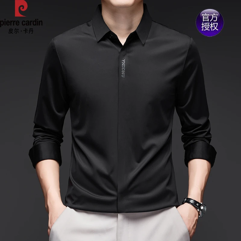 皮尔卡丹高端长袖衬衫春秋季商务休闲高弹透气冰丝无痕免烫衬衣男