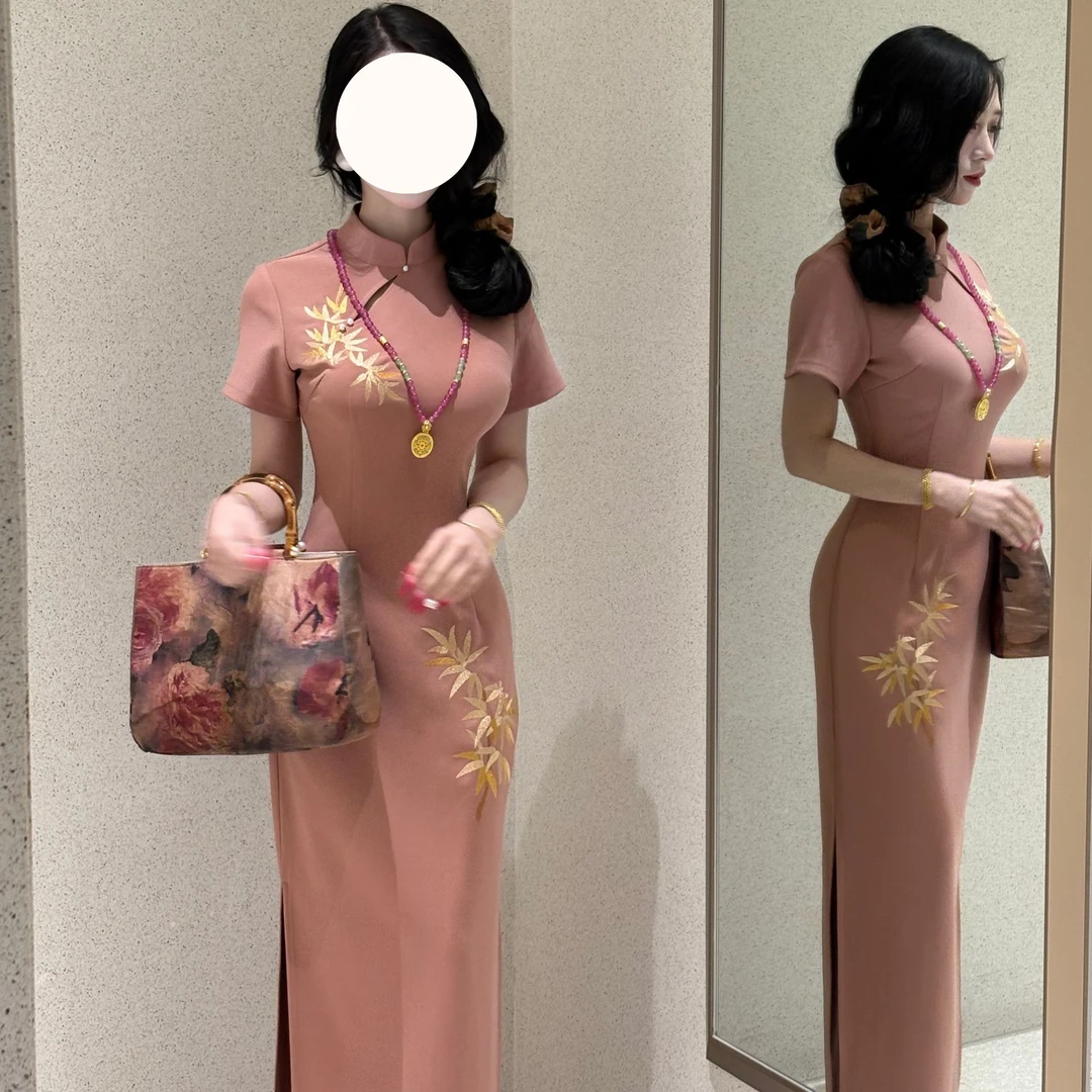 LHMknk1画报夫人原创自制新中式刺绣旗袍国风女装连衣裙 短袖粉竹